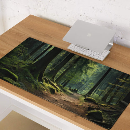 Nature inspired forest path gaming mouse pad with mossy trees and non-slip backing