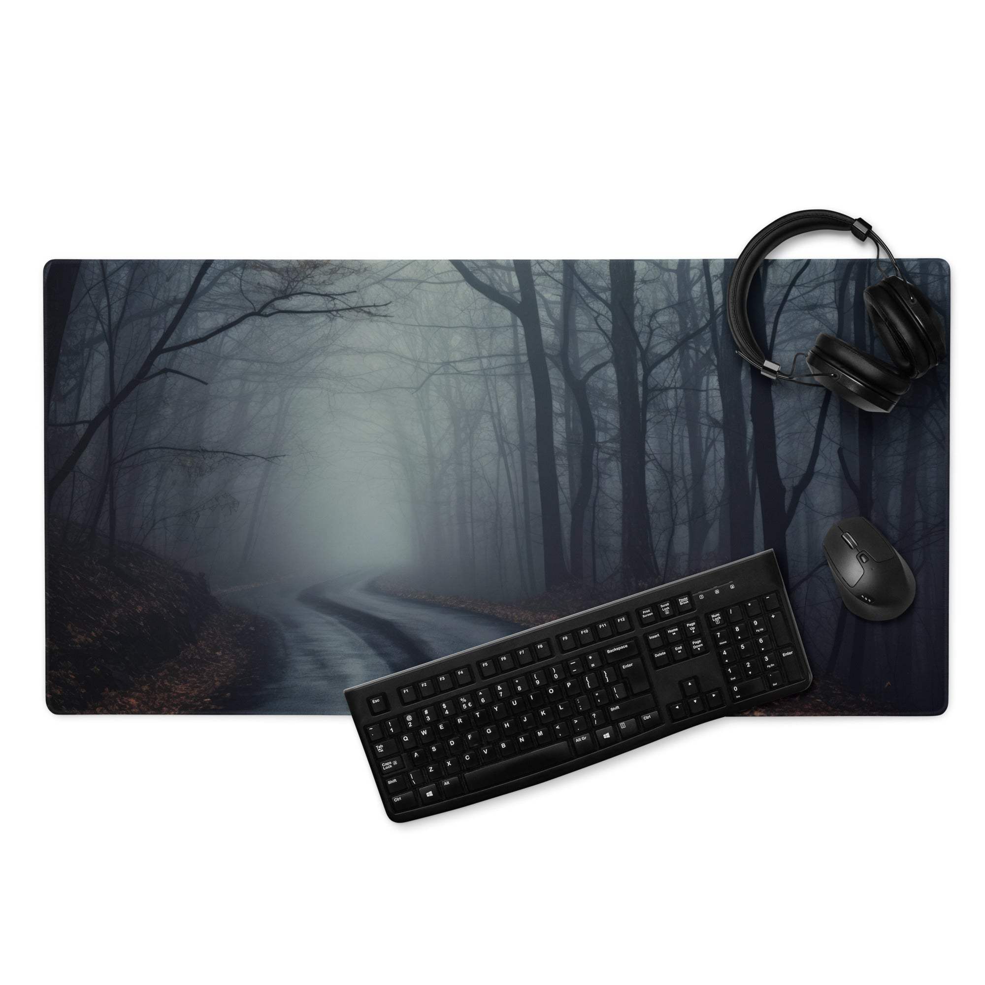 Mist-covered forest road gaming mousepad with black keyboard and mouse