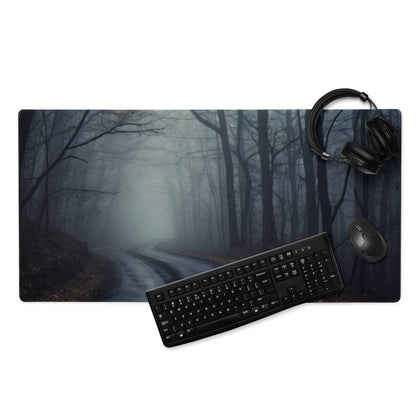 Mist-covered forest road gaming mousepad with black keyboard and mouse