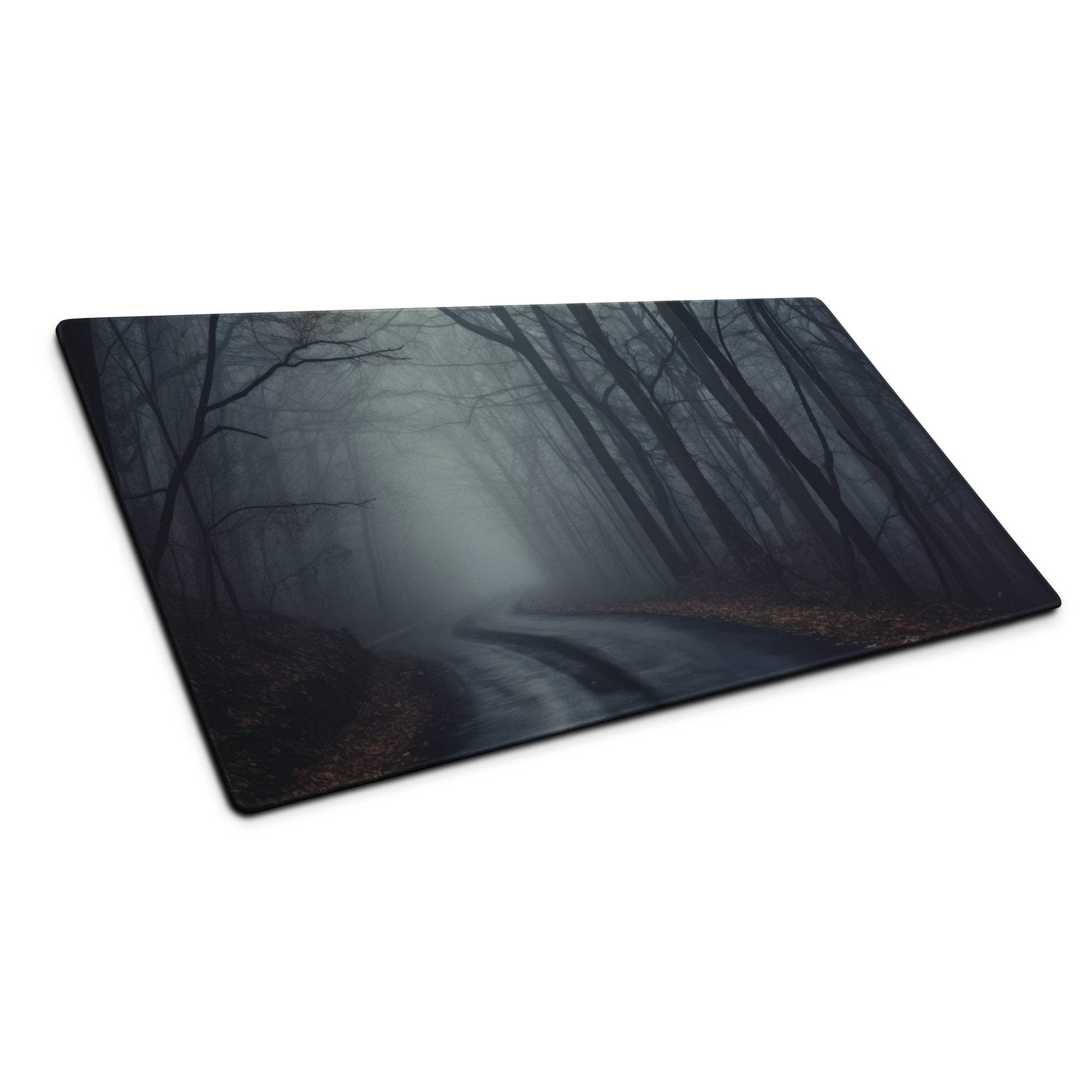 Mist-covered forest path on dark gaming mouse pad with non-slip base
