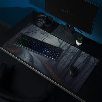 Dark gray forest gaming mousepad with matte finish, non-slip base, stitched edges