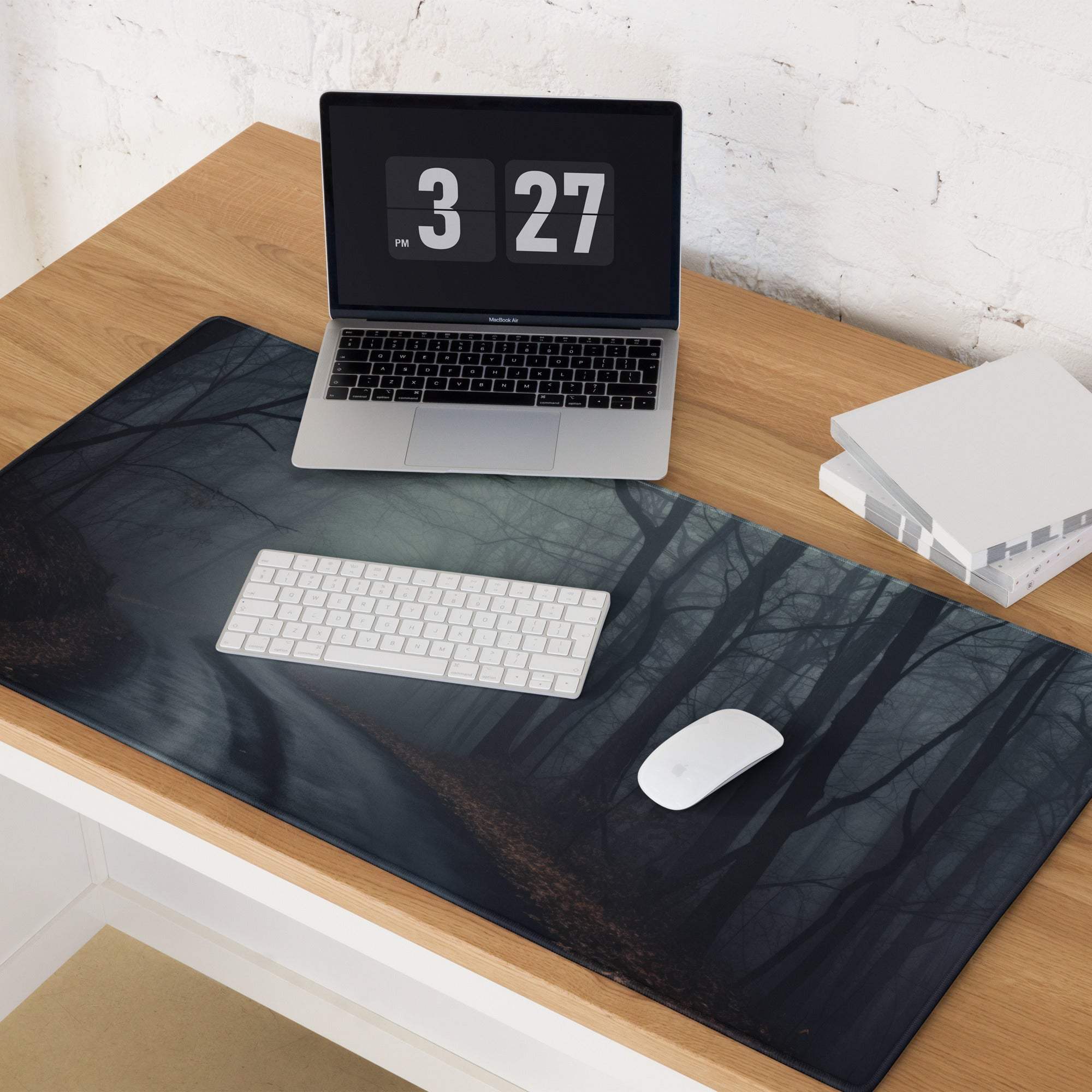 Dark forest gaming mouse pad with glossy tree branches, non-slip base, stitched edges