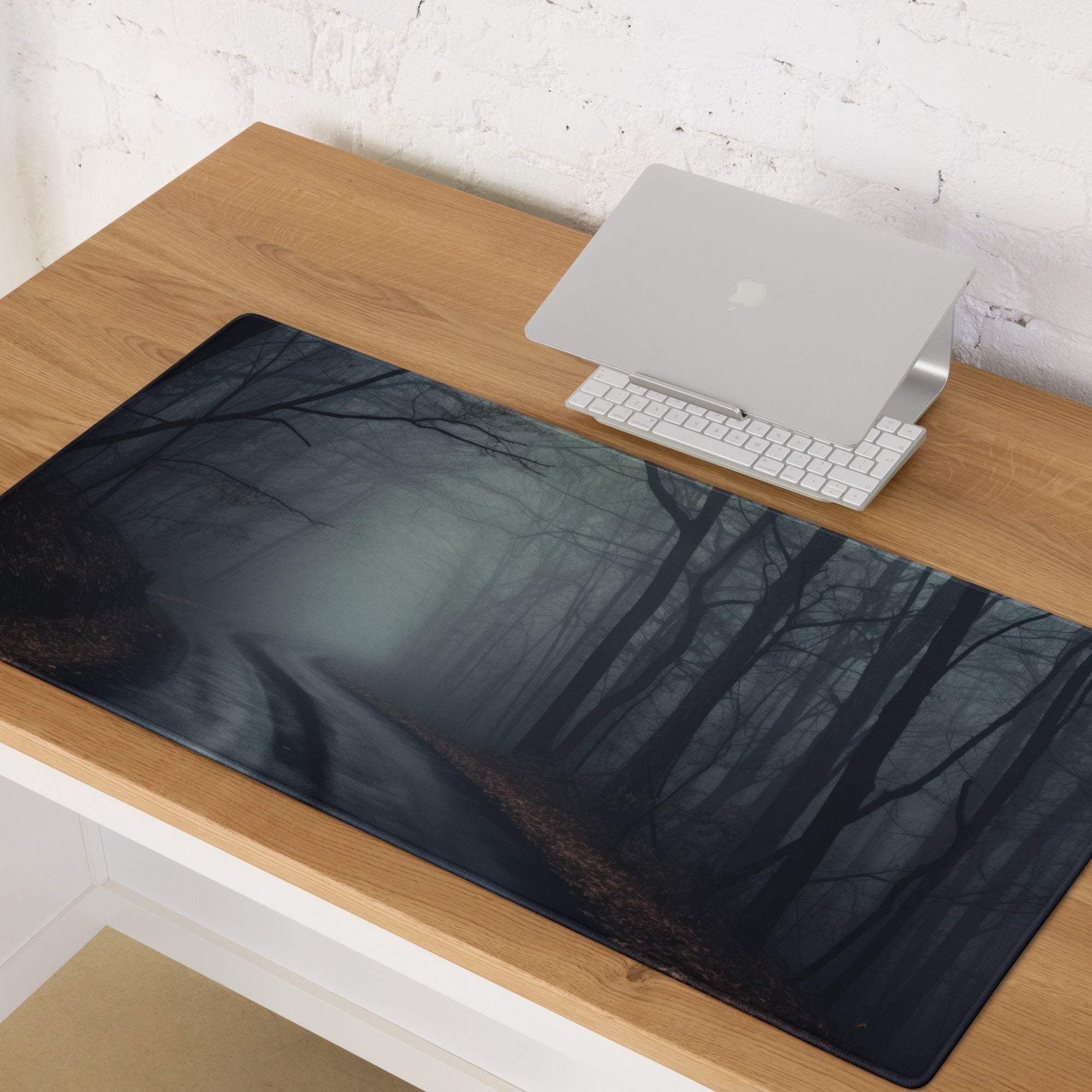 Dark forest gaming mousepad with glossy finish, misty trees, non-slip base