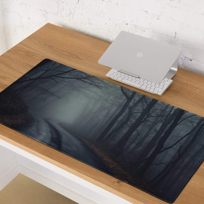 Dark forest gaming mousepad with glossy finish, misty trees, non-slip base