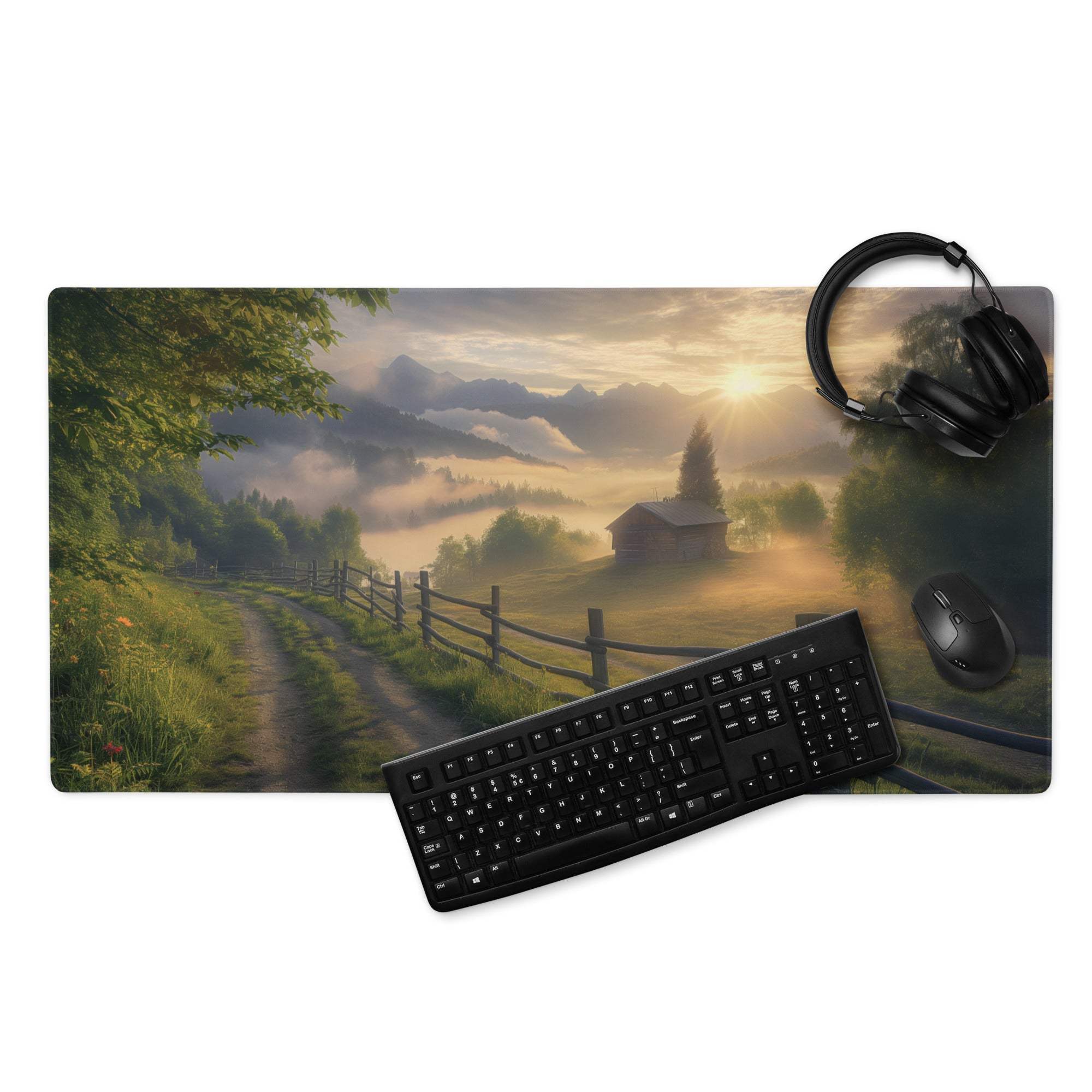 Large scenic sunrise glow gaming mouse pad with misty mountains cabin fence