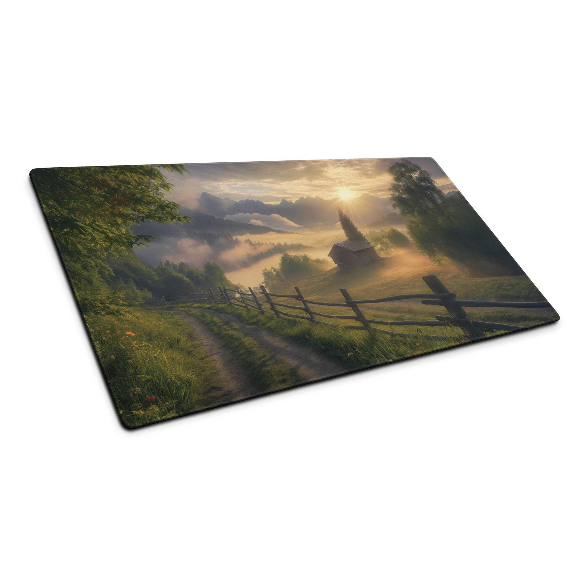 Scenic sunrise glow gaming mouse pad with misty mountains and church steeple