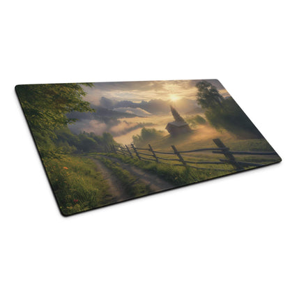 Scenic sunrise glow gaming mouse pad with misty mountains and church steeple