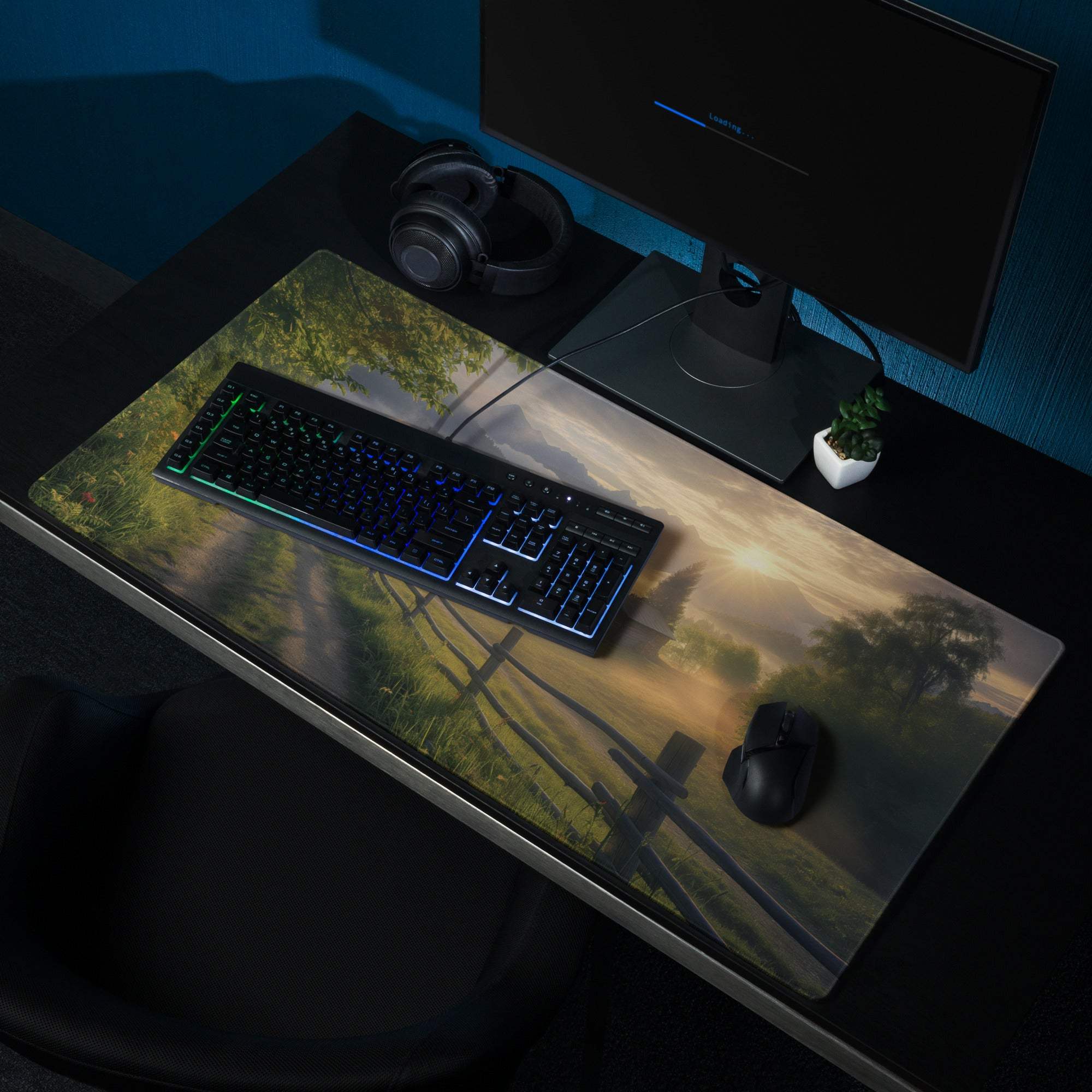 Scenic sunrise glow gaming mouse pad with landscape, edge stitching, non-slip base
