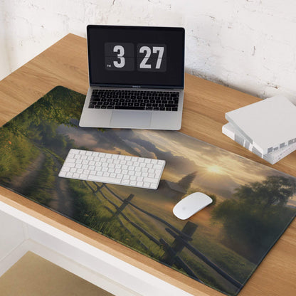 Large scenic countryside sunrise glow gaming mouse pad with edge stitching