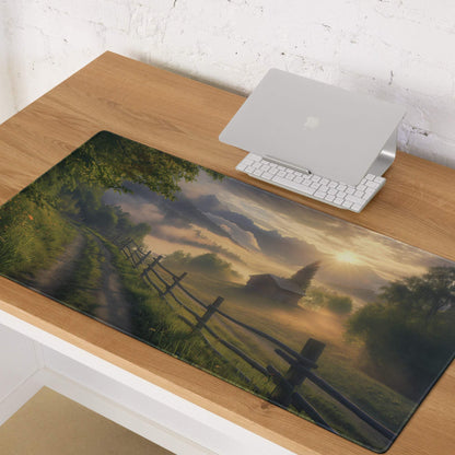 Scenic sunrise glow gaming mouse pad with landscape, barn, fields, edge stitching