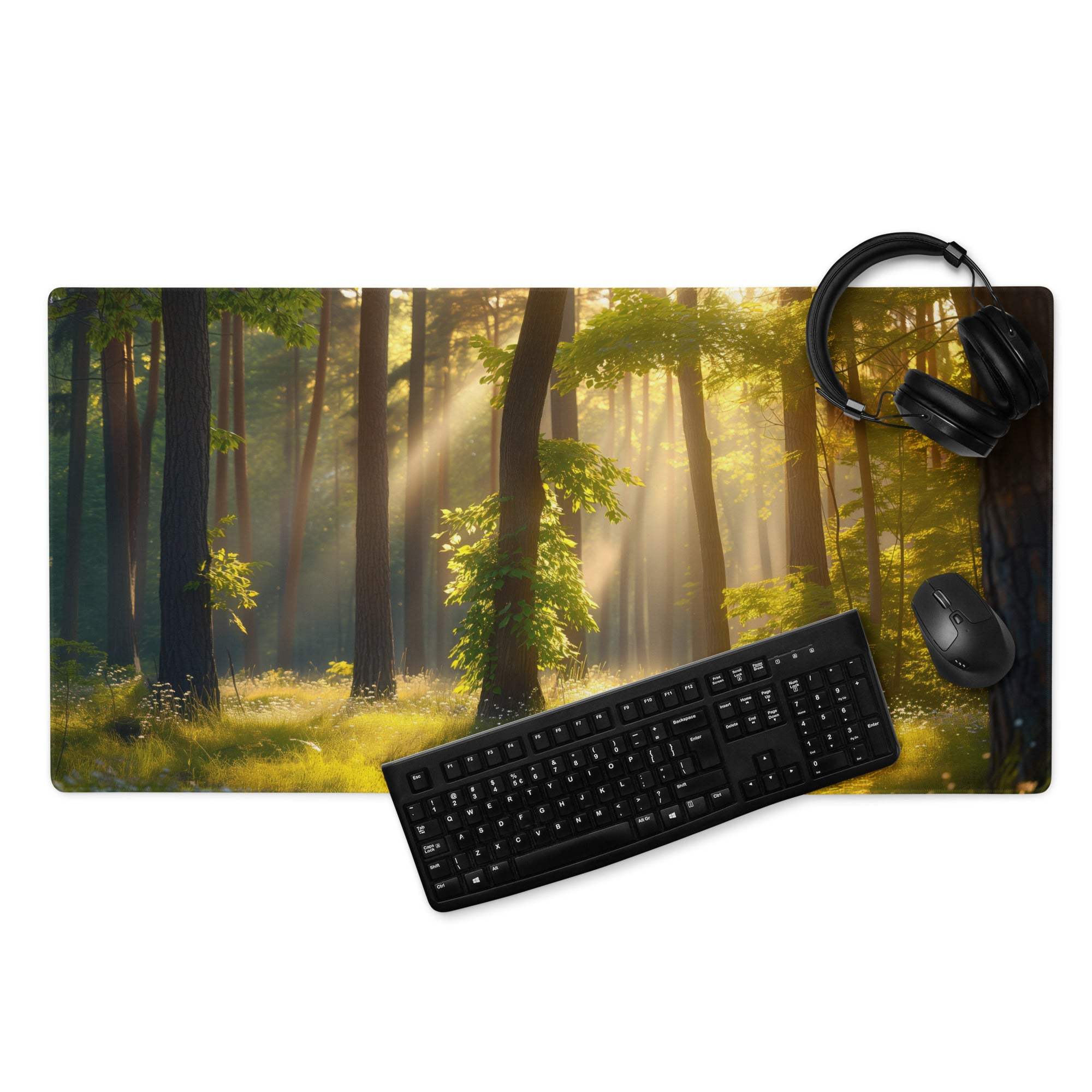 Nature inspired forest sunrise gaming mouse pad with tall trees and golden sunlight