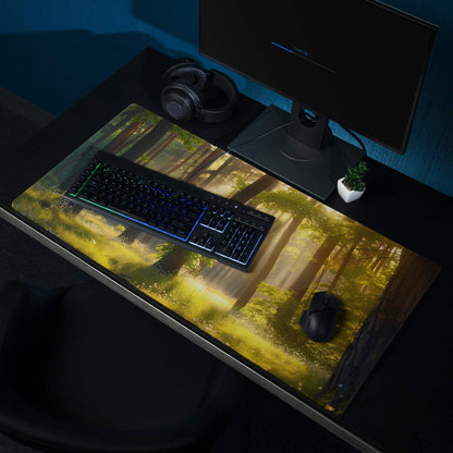 Nature inspired forest sunrise gaming mouse pad with vibrant trees and golden sunlight