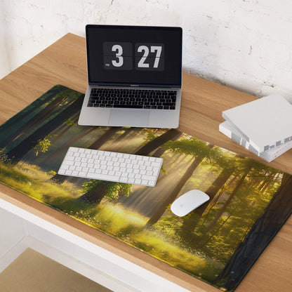 Large forest sunrise gaming mouse pad with trees in golden sunlight, non-slip stitched edges