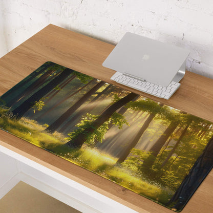 Nature inspired forest sunrise gaming mouse pad with sunlit trees glossy surface