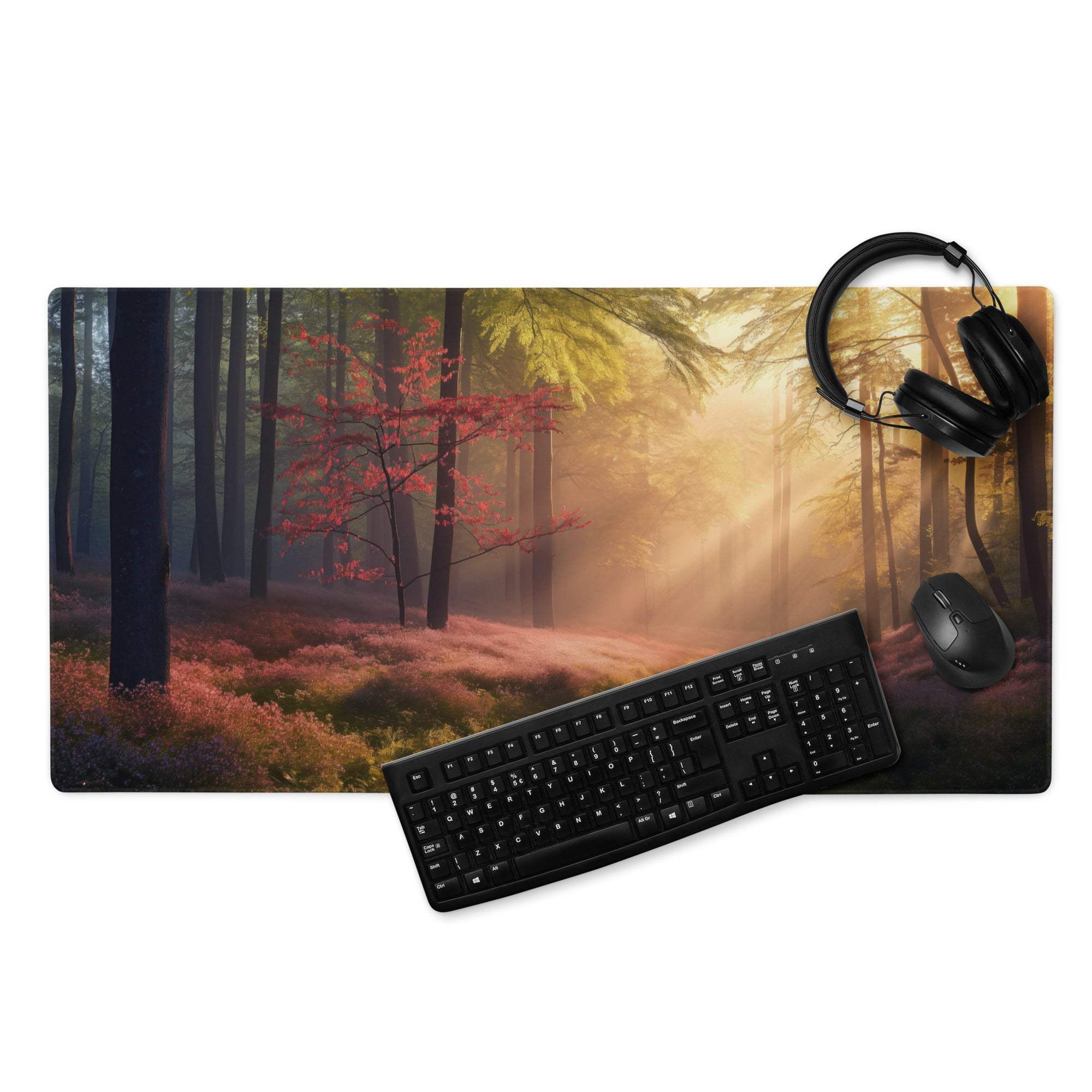 Sunlit Forest Path gaming mouse pad with misty trees and heather moss
