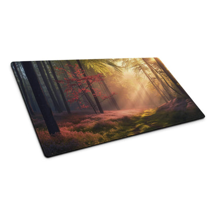 Sunlit forest path mouse pad with misty trees, dawn glow, heather moss