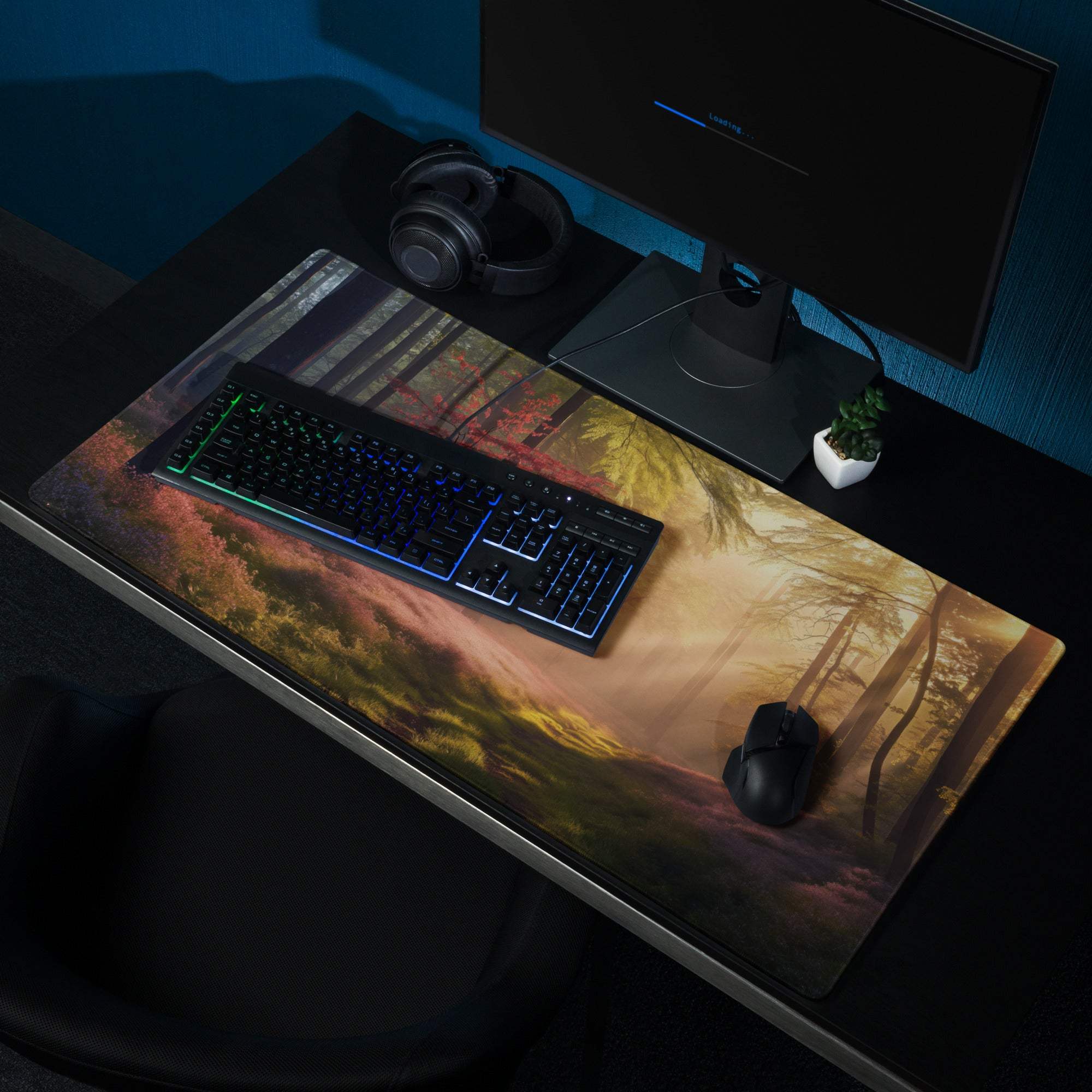 Sunlit forest path gaming mouse pad with heather moss dawn glow