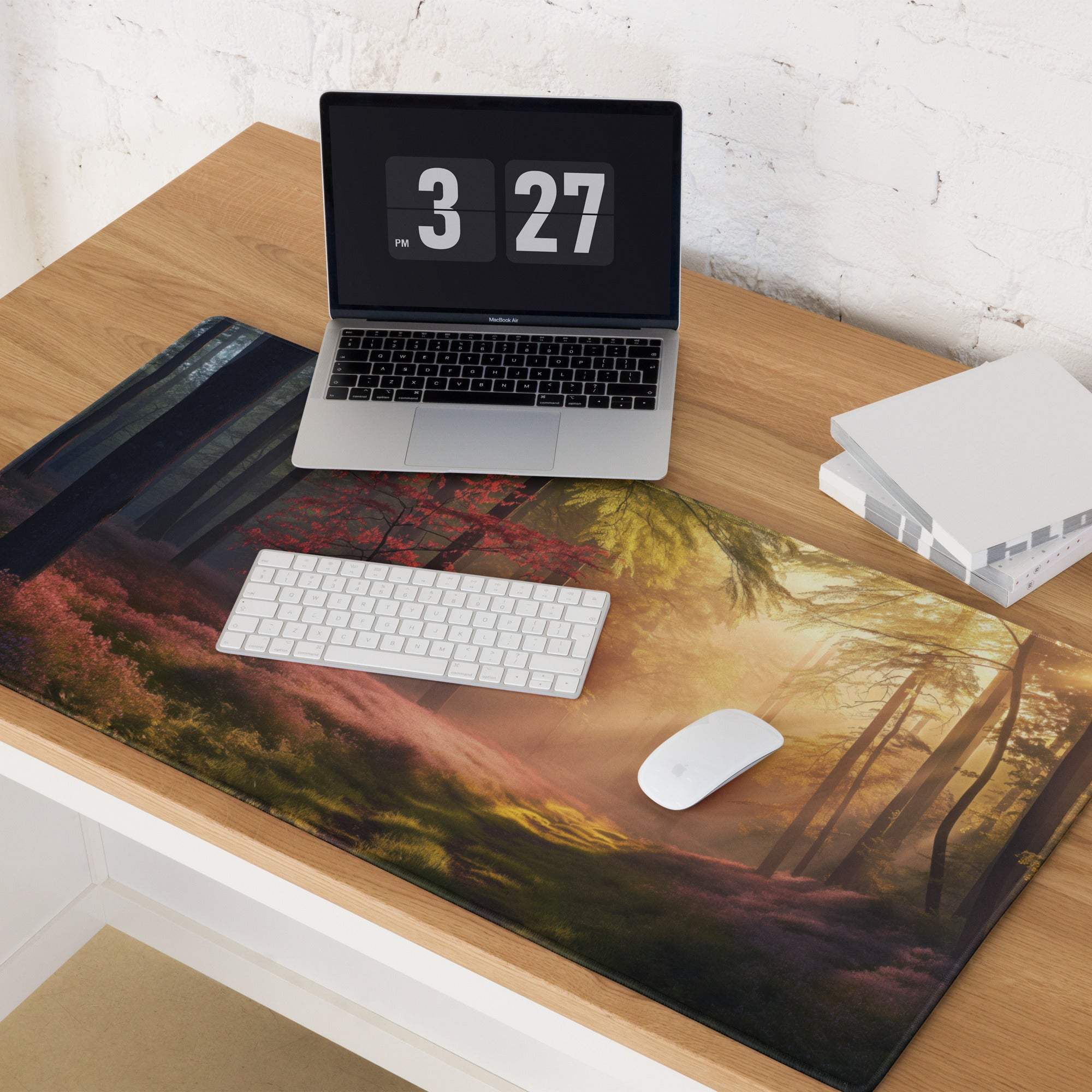 Sunlit forest path gaming mousepad with trees and autumn colors