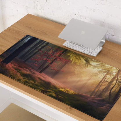 Sunlit forest path with heather moss dawn glow gaming mouse pad