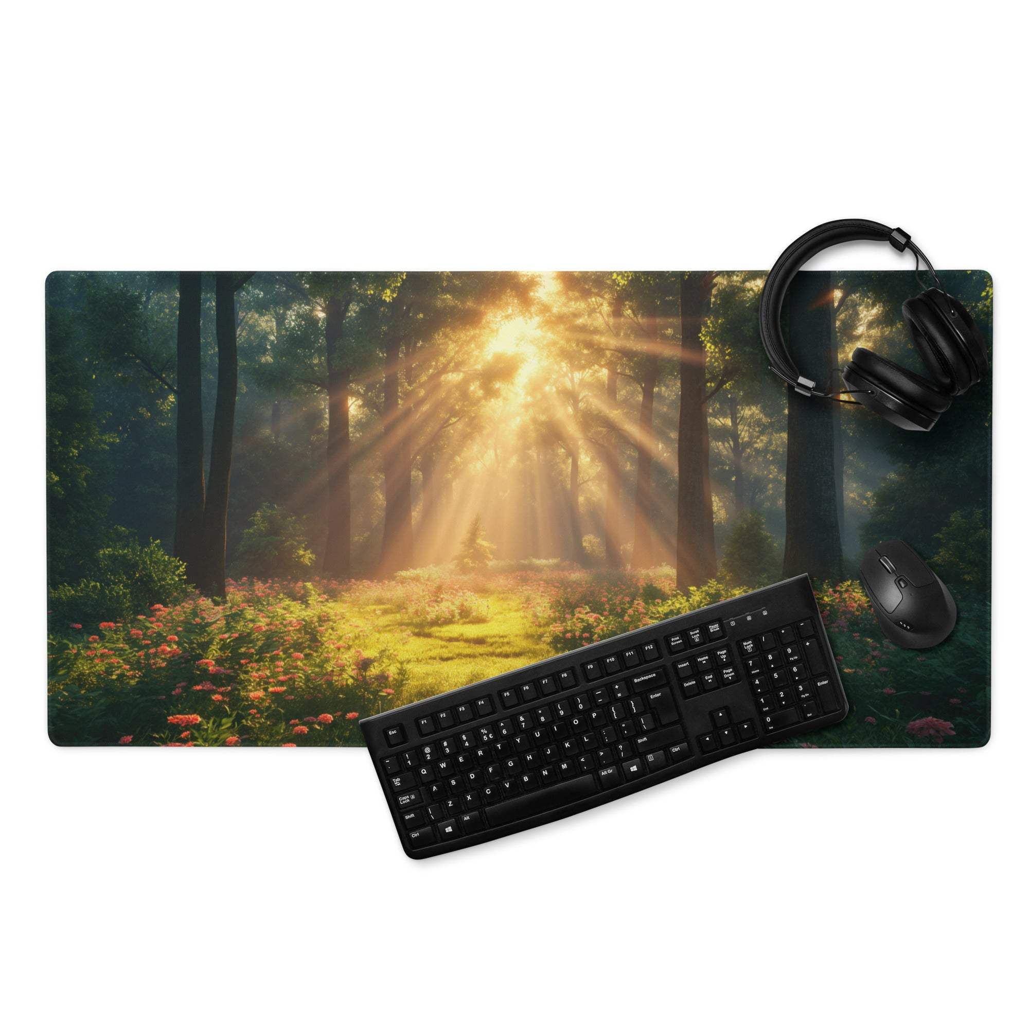 Premium large gaming mouse pad with sunlit forest design and edge stitching