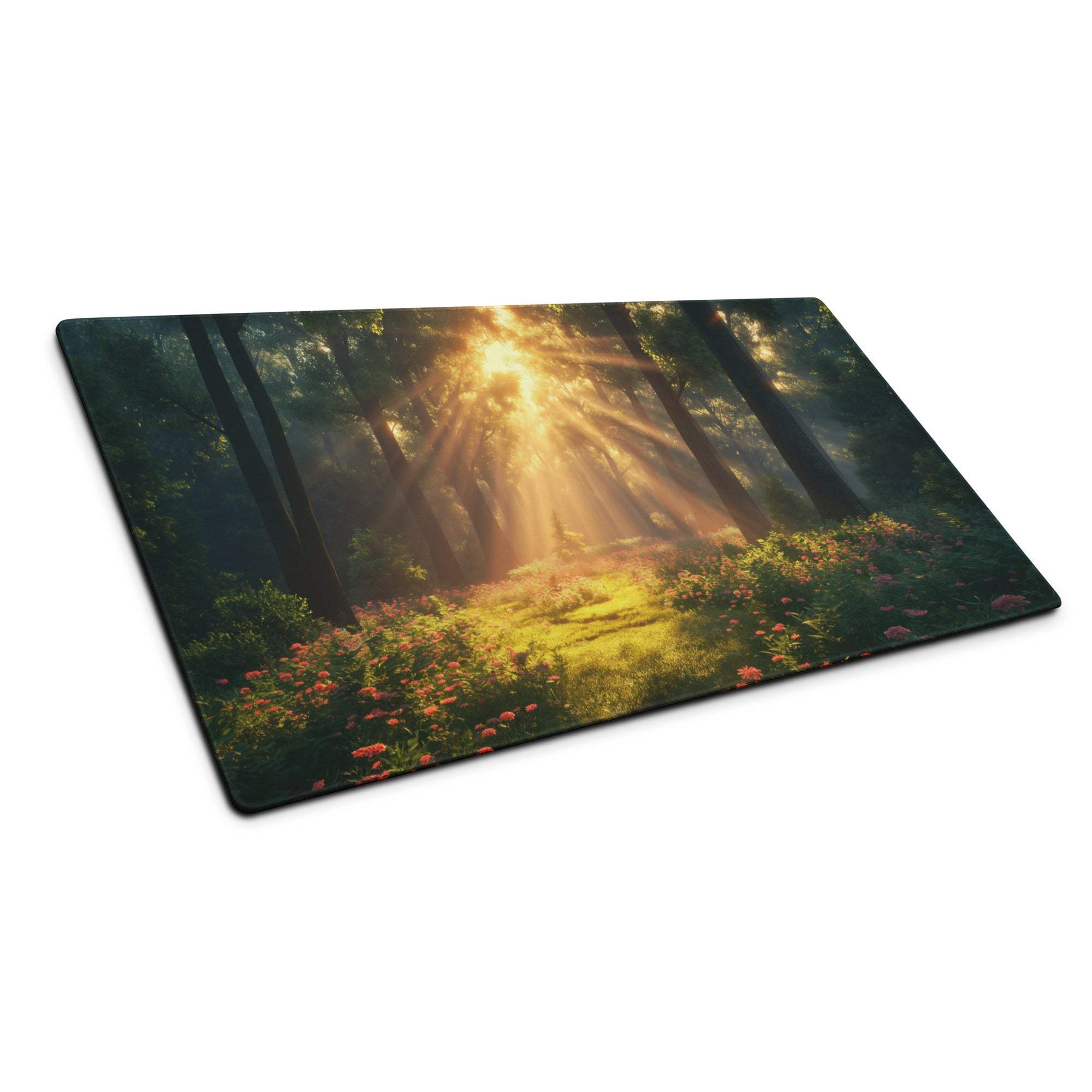 Premium large gaming mouse pad with sunlit forest scene and pink flowers