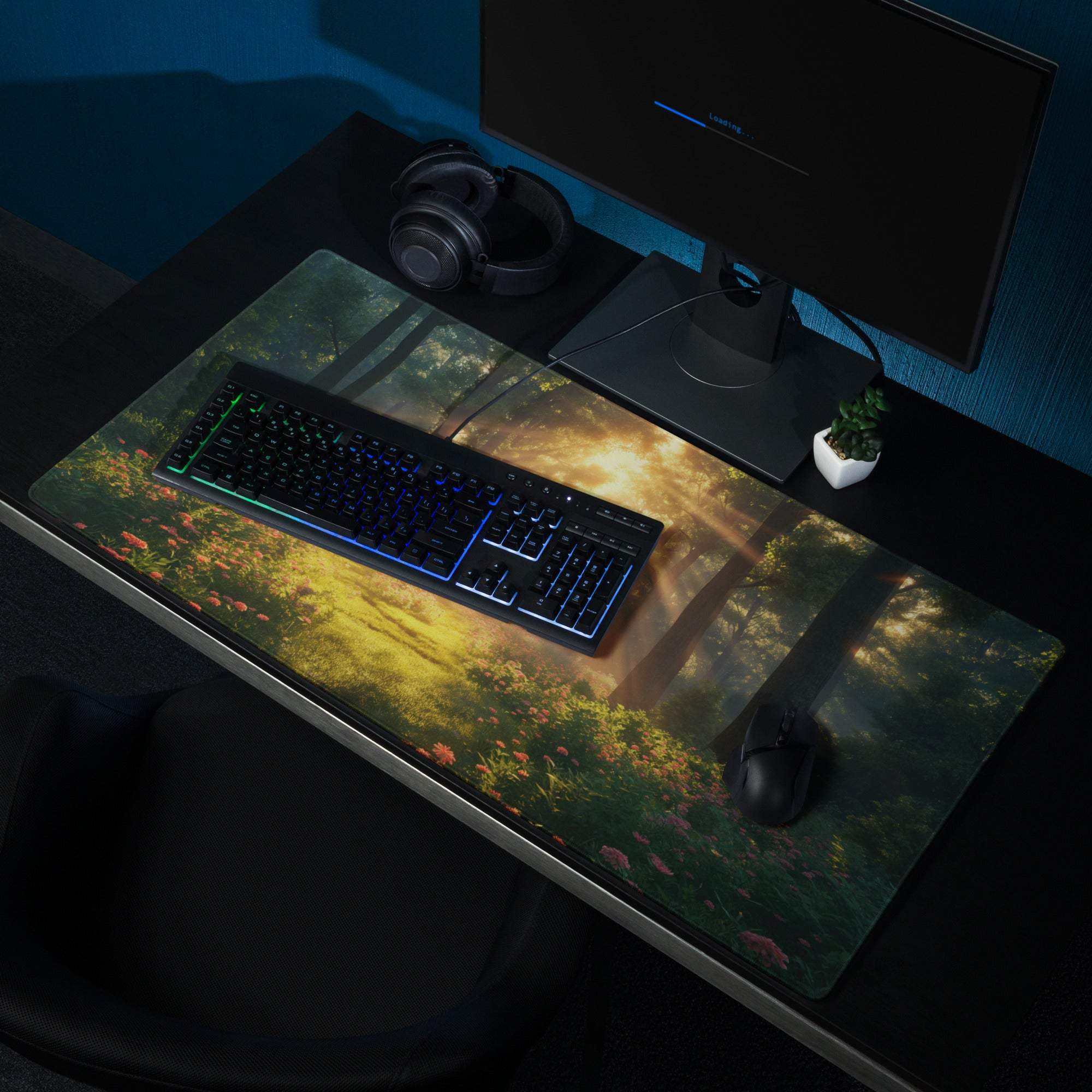 Premium large gaming mouse pad with sunlit forest design and edge stitching