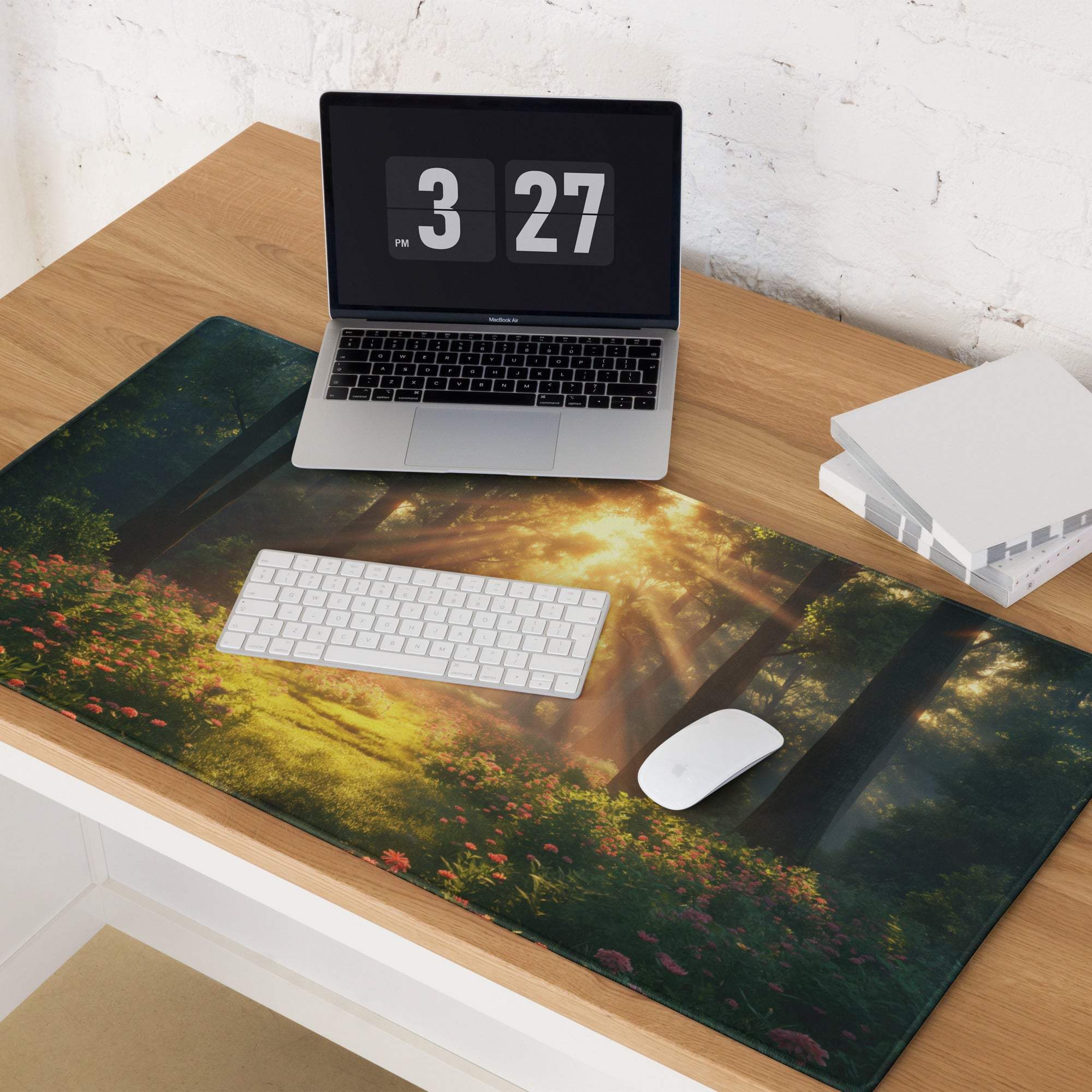Premium large gaming mouse pad with sunlit forest, edge stitching, non-slip backing
