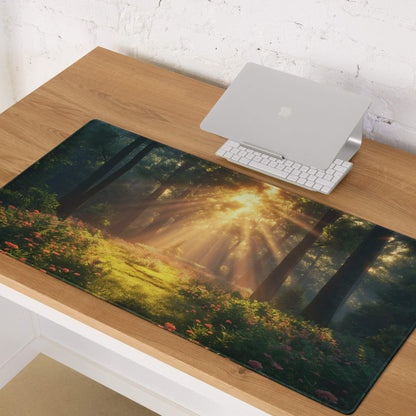Premium large gaming mouse pad with sunlit forest design, edge stitching, non-slip backing