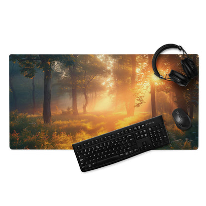 Vibrant sunlit forest sunrise gaming mouse pad with golden hour ambience