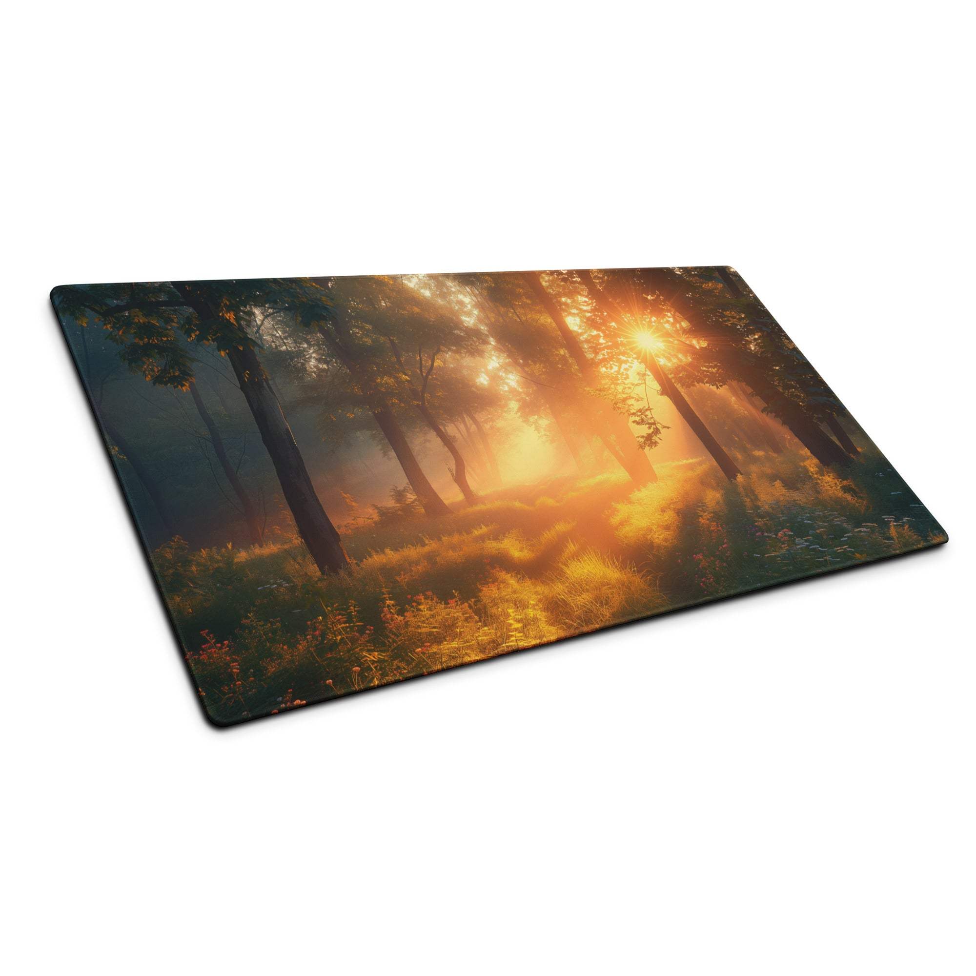 Rectangular glass cutting board with vivid forest sunrise golden hour scene