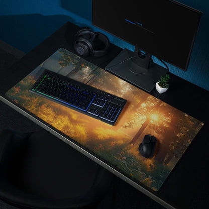 Vibrant forest sunrise gaming mouse pad with golden sunlight through trees