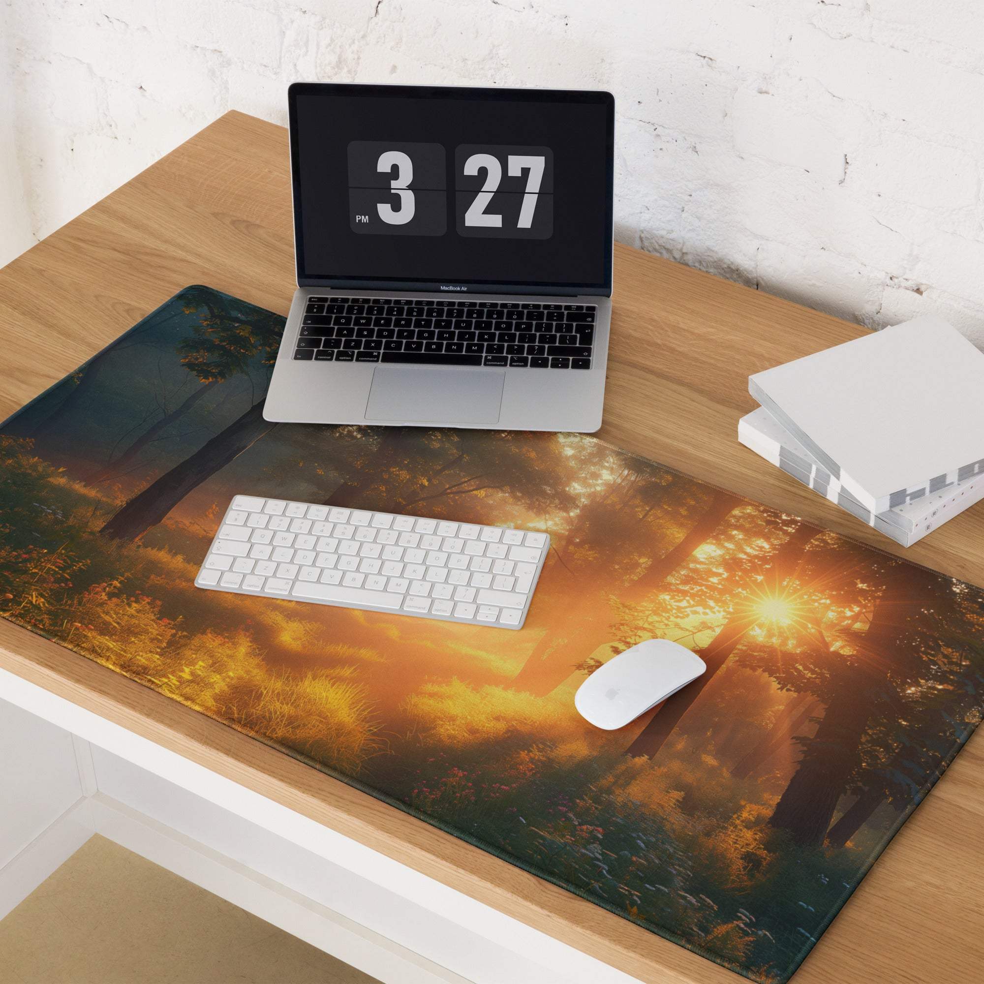 Vibrant forest sunrise mouse pad with golden sunlight through trees