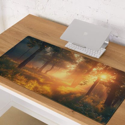 Vibrant forest sunrise mouse pad with golden sunlight through trees