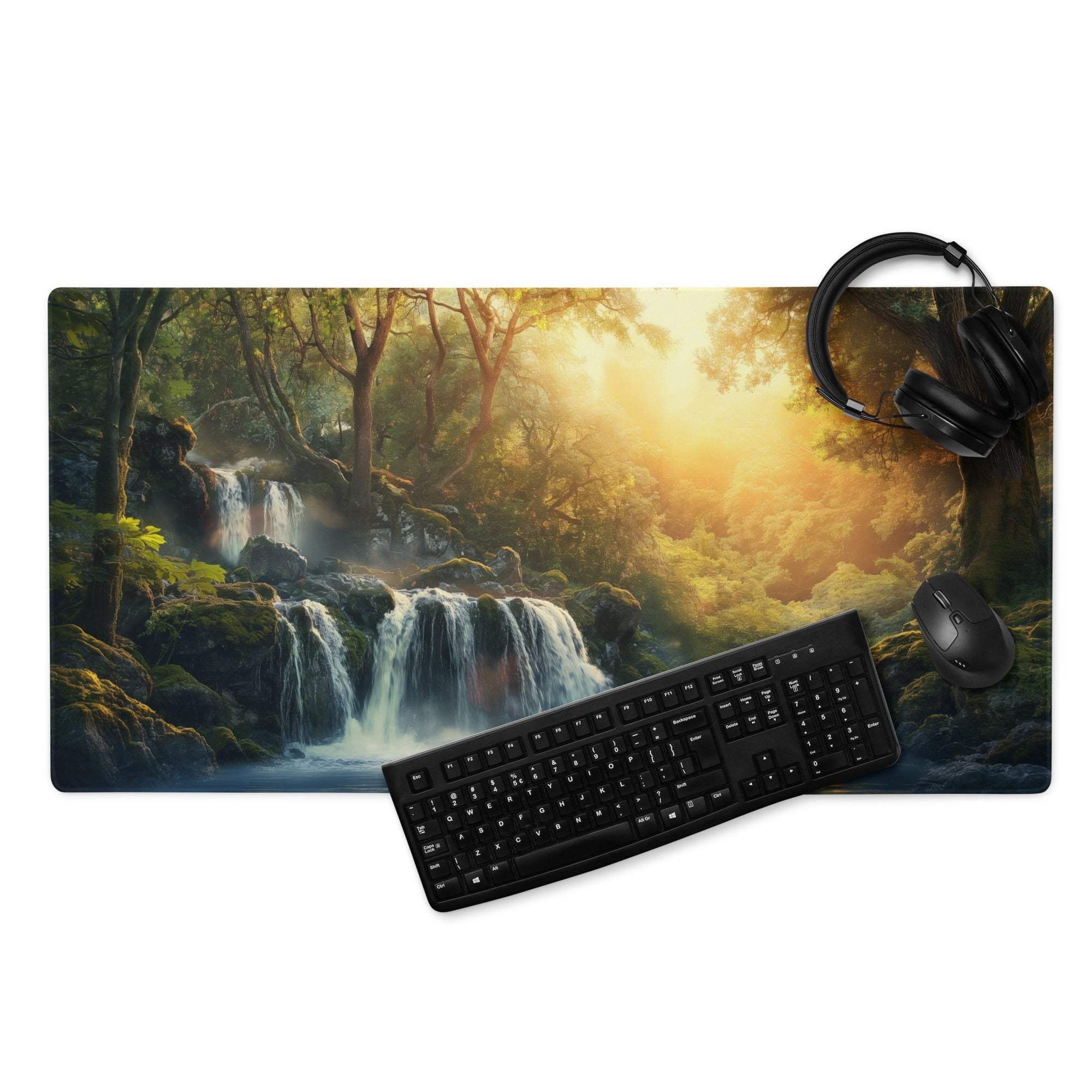 Black keyboard on Forest Sunrise Waterfall gaming mouse pad