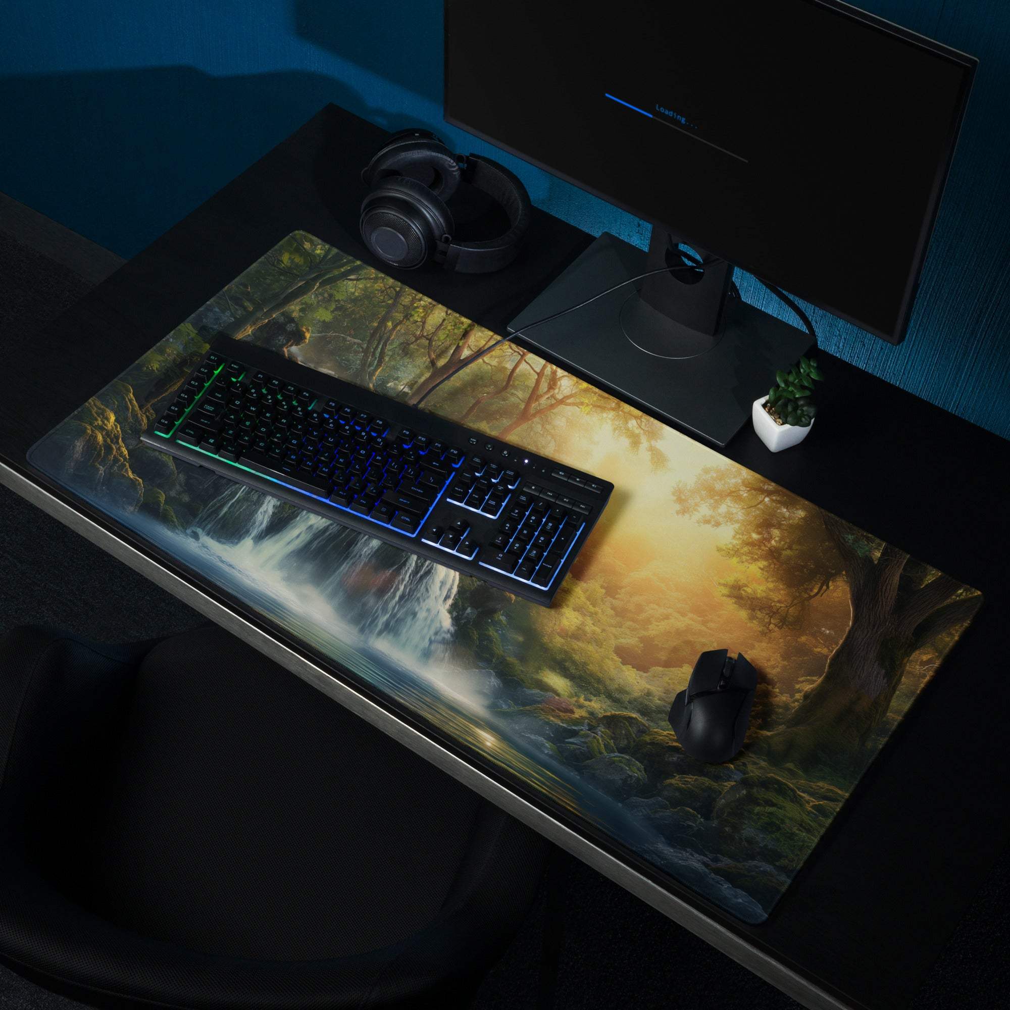 Forest Sunrise Waterfall gaming mouse pad with lush greenery and golden sunlight