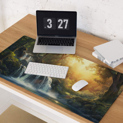 Forest Sunrise Waterfall gaming mouse pad with lush greenery and golden sunlight