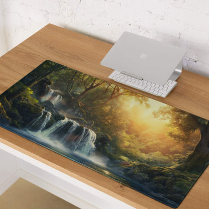 Forest Sunrise Waterfall gaming mouse pad with lush greenery and golden sunlight