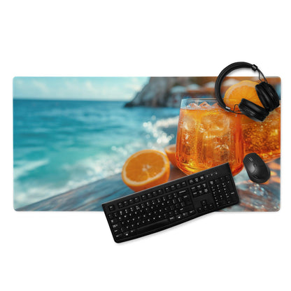 Premium Ocean View gaming mouse pad with coastal scene, orange cocktails, headphones