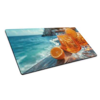 Premium ocean view mouse pad with vibrant orange cocktails and waves