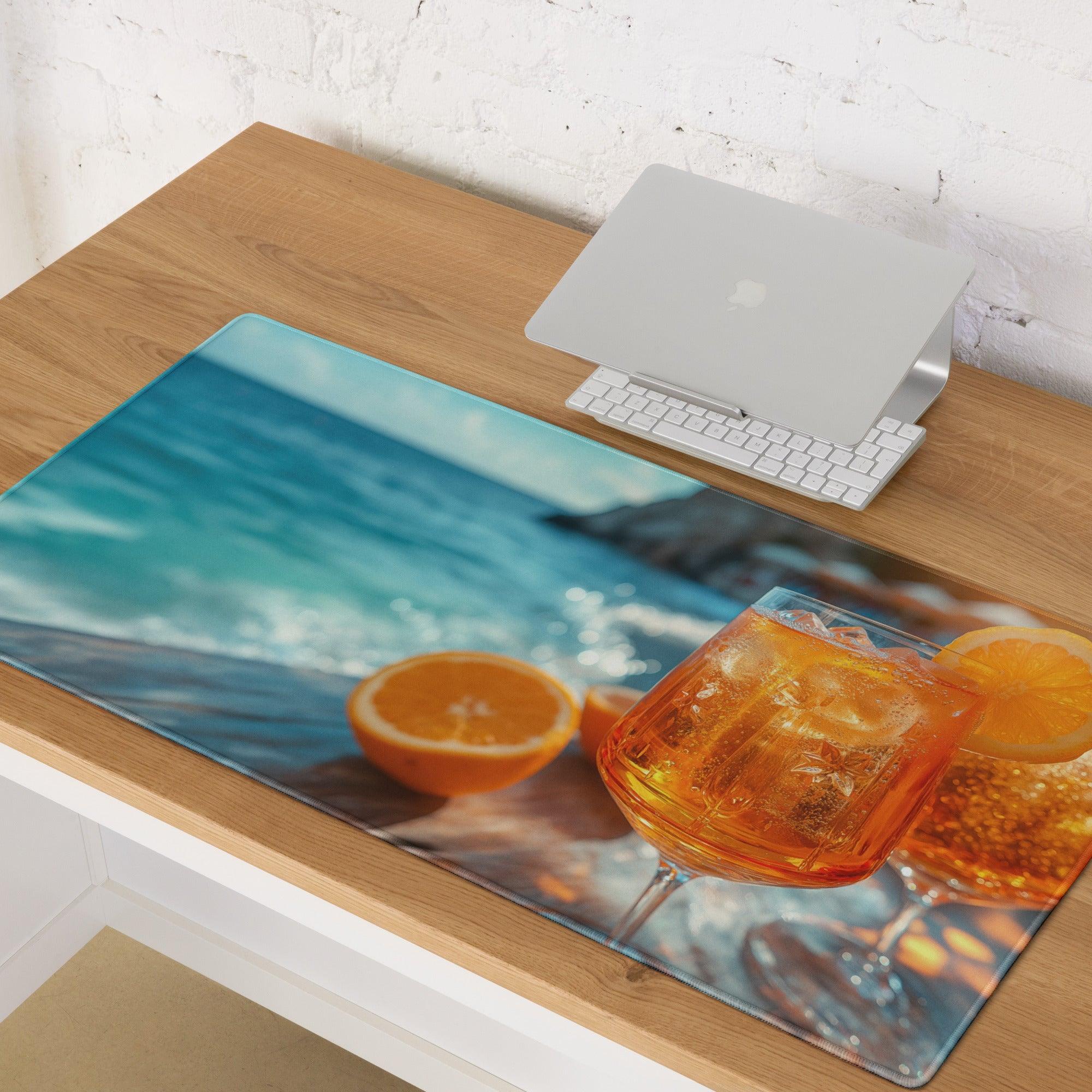 Premium Ocean View beige desk mat with vibrant beach scene, turquoise waves, orange cocktail