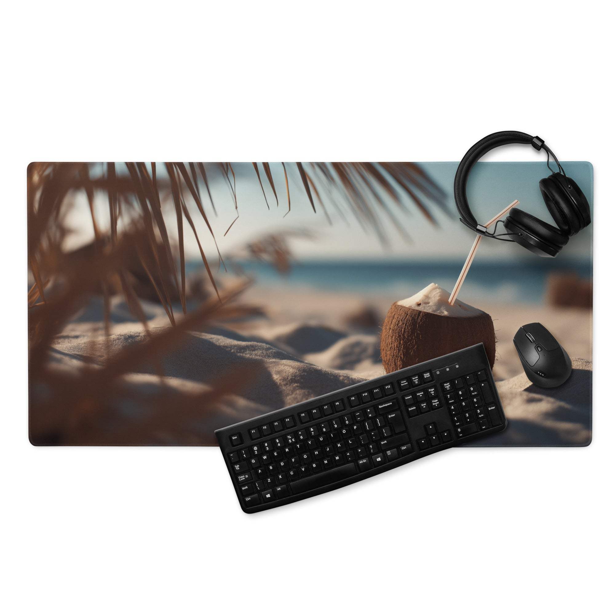 Large Coastal Sunset beach vibe gaming mouse pad with palm fronds, sand, coconut drink