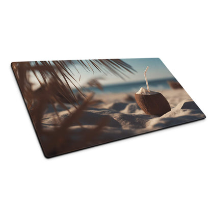 Large Coastal Sunset Beach Vibe gaming mouse pad with coconut on sandy shore