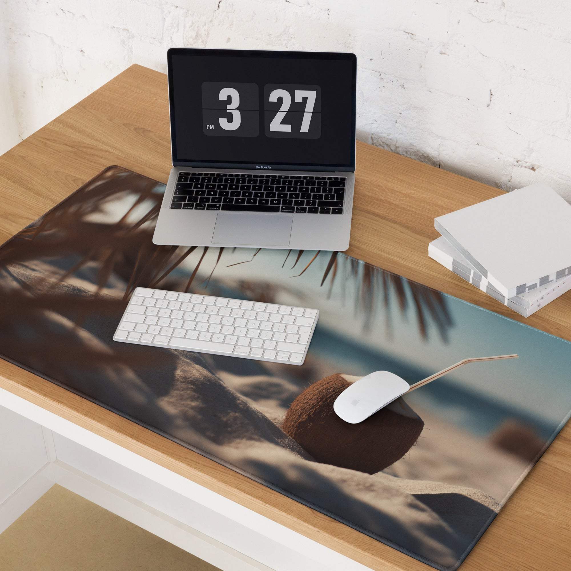 Large Coastal Sunset beige brown beach mousepad with palm fronds coconut ocean