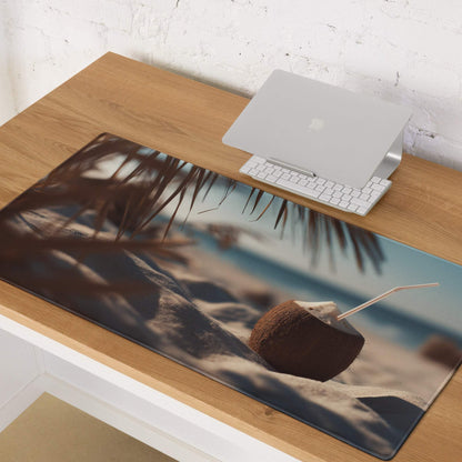 Large Coastal Sunset Beach Vibe gaming mouse pad with beige brown tropical scene