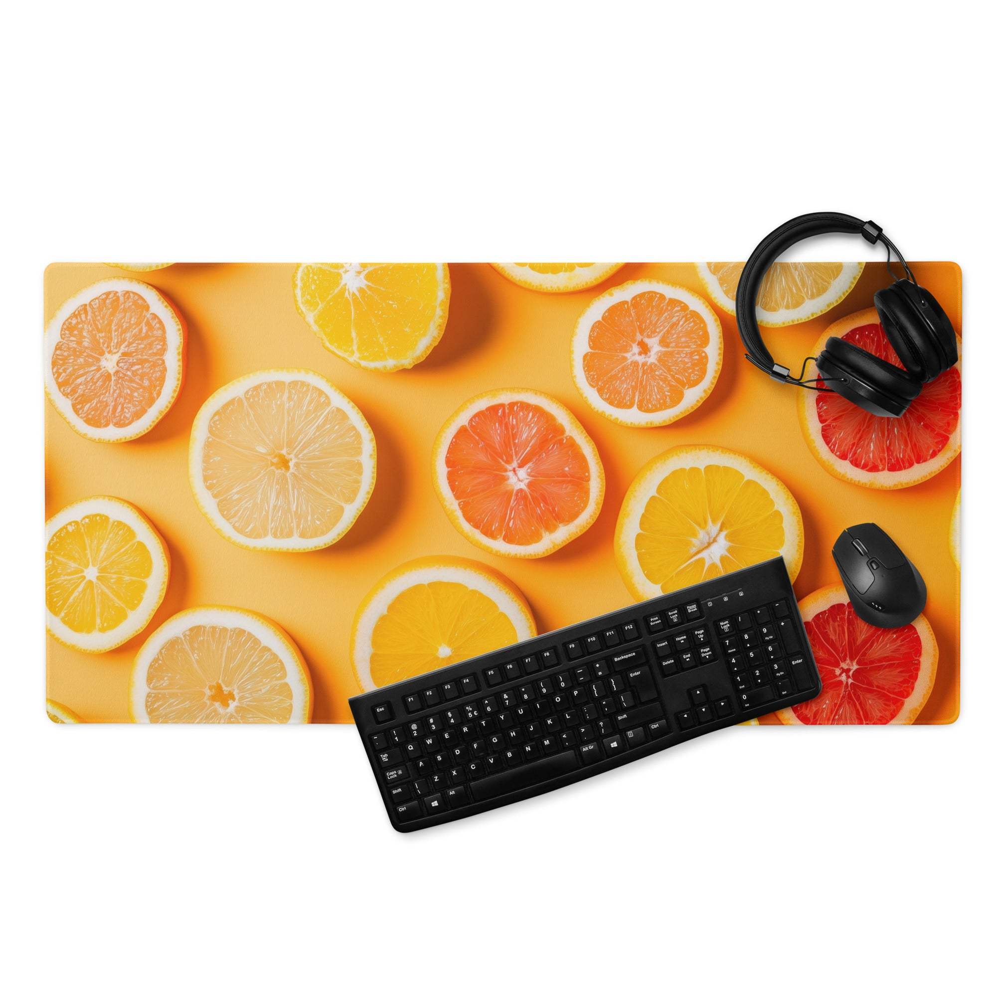 Vibrant orange slice patterned large gaming mouse pad with non-slip backing