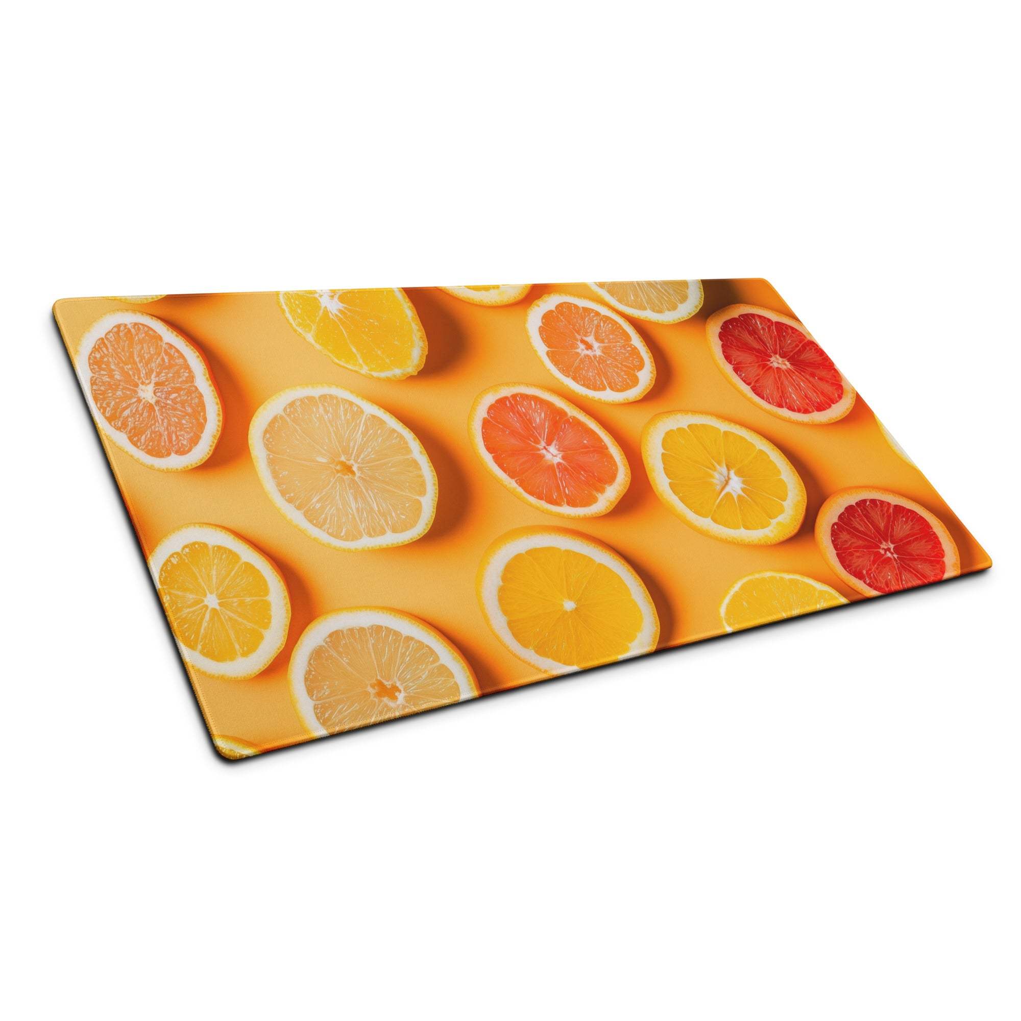 Vibrant citrus sliced fruits glass cutting board on orange gaming mouse pad