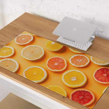 Vibrant orange citrus slice pattern on large gaming mouse pad with non-slip backing
