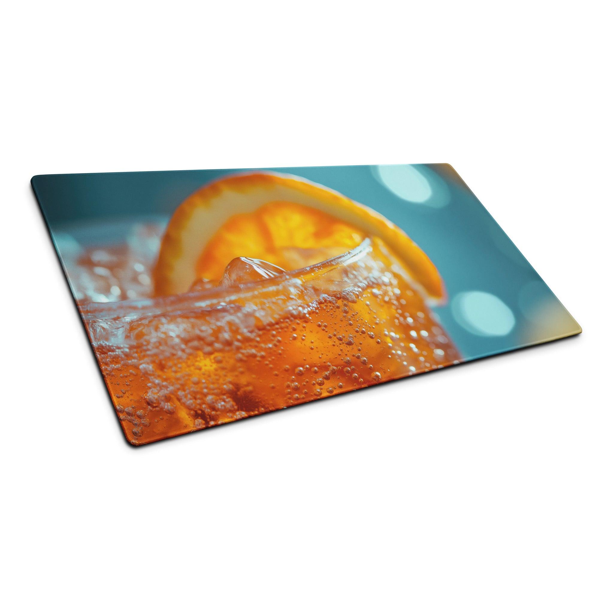 Vibrant orange slice in fizzy drink on rectangular glass cutting board