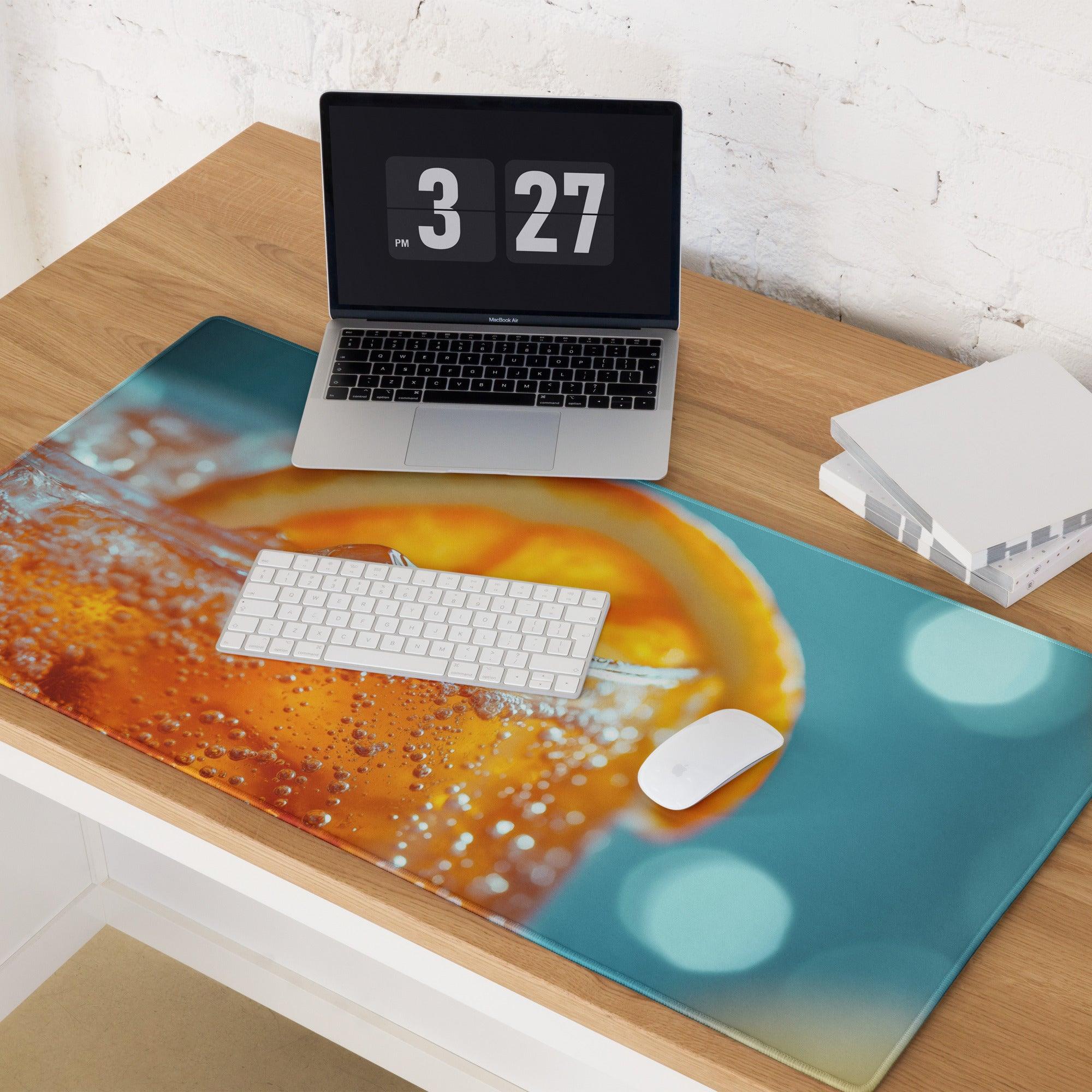 Vibrant orange beverage gaming mouse pad with large non-slip surface