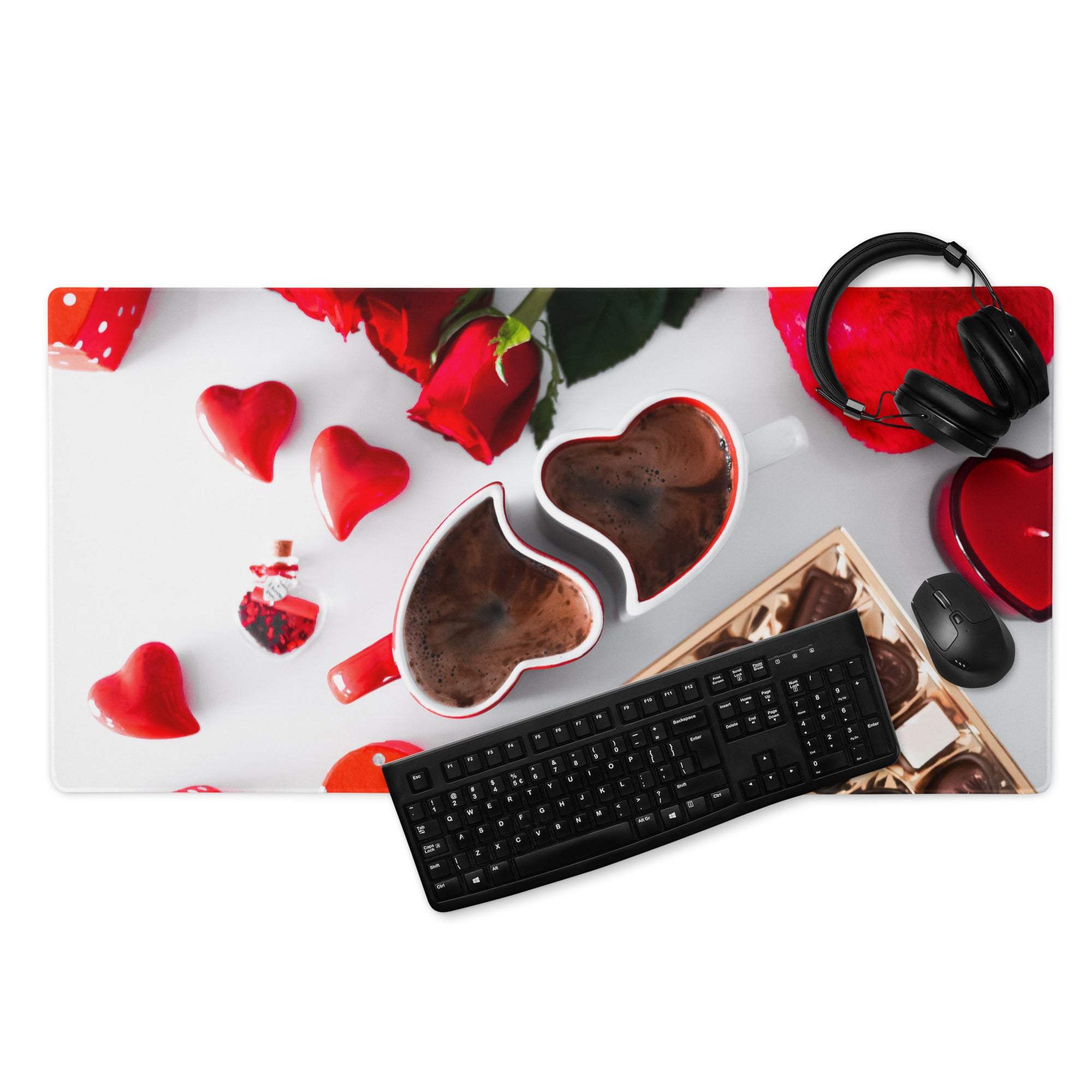 Valentines large gaming mouse pad with hearts mugs roses chocolates